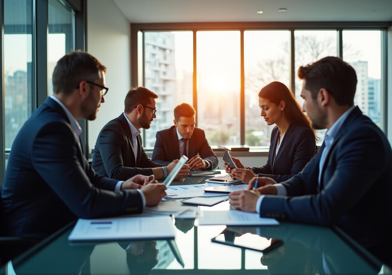 Team of consultants collaborating on a strategic roadmap in a modern lighted office